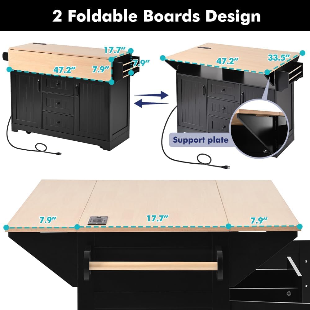 eodme Kitchen Island with 2 Drop Leaf, Home Cart Island on Wheels Foldable Dining Table with Power Outlets,3 Drawers,Storage Cabinet, Tower Rack(Black) eodme