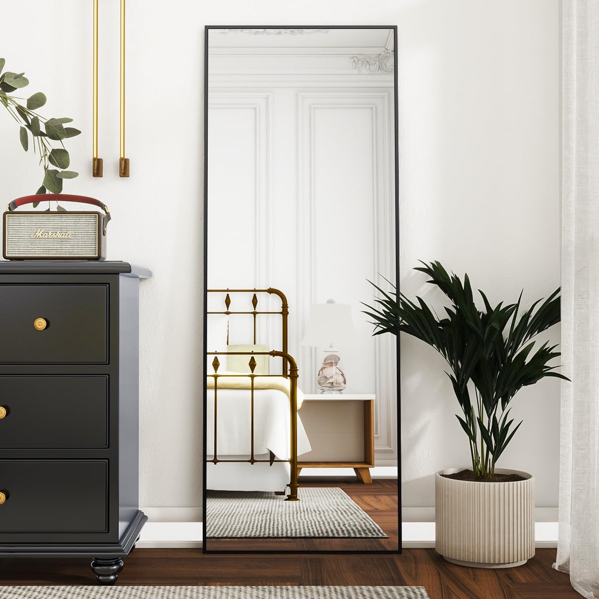 VooBang Mirror Full Length, 21" x 57" Floor Mirror with Stand, Aluminum Alloy Frame Full Body, Standing Hanging or Leaning Against Wall for Bedroom and Living Room, Black VooBang