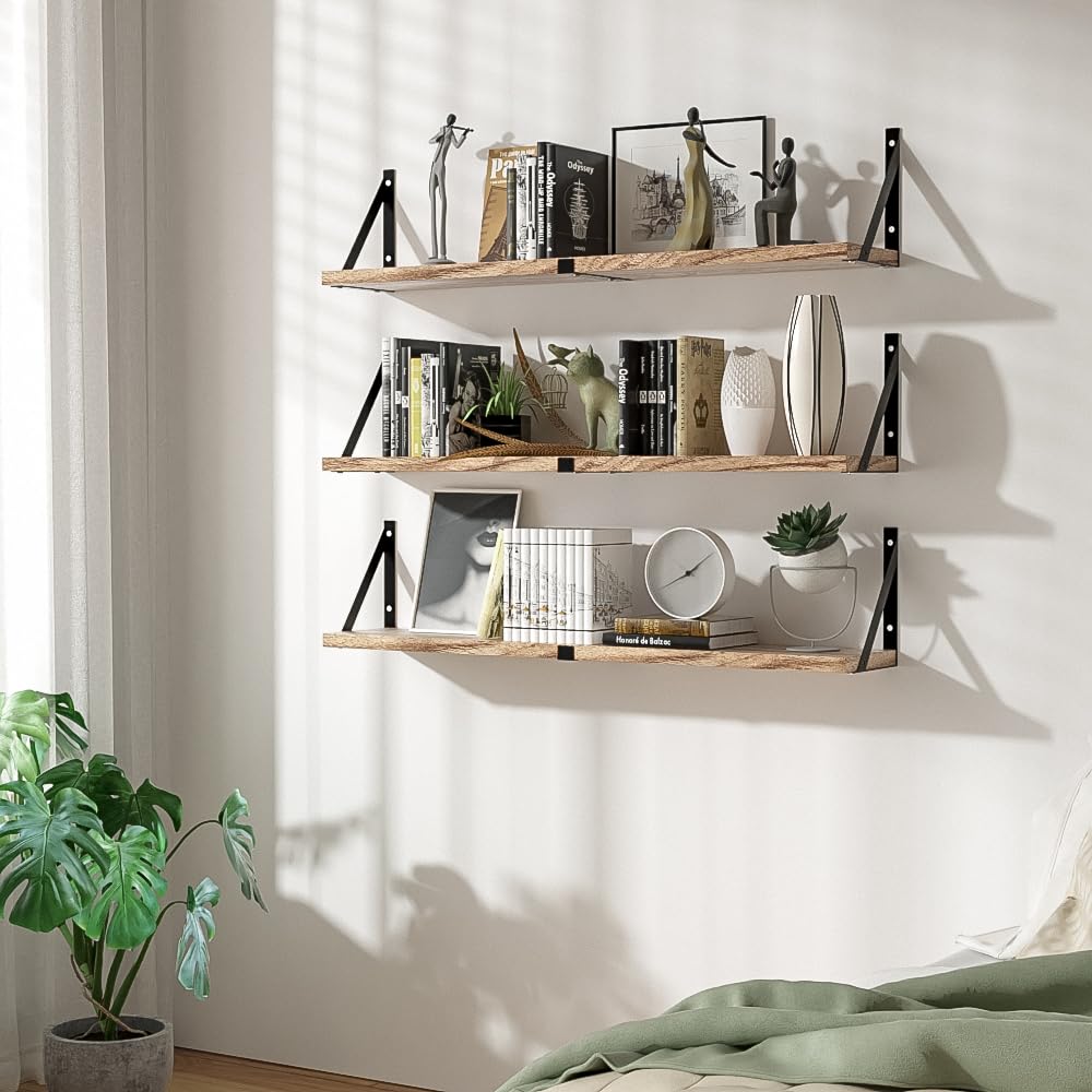 Floating Book Shelves Set of 3, Wall Bookshelf, 33 inch Long Wood Shelf for Wall Storage, Hanging Shelving for Bedroom, Bathroom, Living Room, Kitchen, Office and Plants (Carbonized Black) Senyh