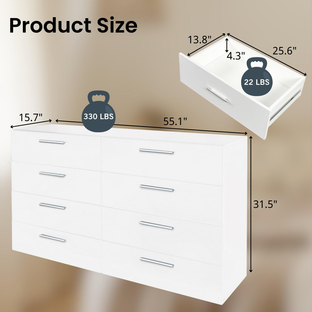 Karl home White Dresser for Bedroom, Wood 8 Drawer Dresser Chest of Drawers, 55 Inch Dresser Bedroom Furniture, Large Dresser Storage Chest with Deep Drawers, TV Stand, 55.1" X 15.7" X 31.5" Karl home