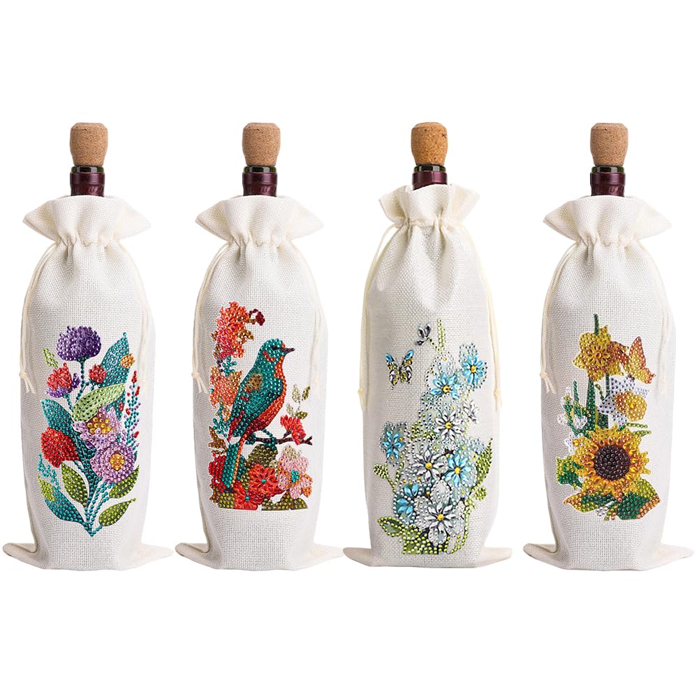 4 Pcs DIY Diamond Painting Art Kit Diamond Painting Wine Bag Kit Rhinestones Label Liquor Bottle Cover Gift for Wine Lover Women Men Christmas (Flower Birds) Generic