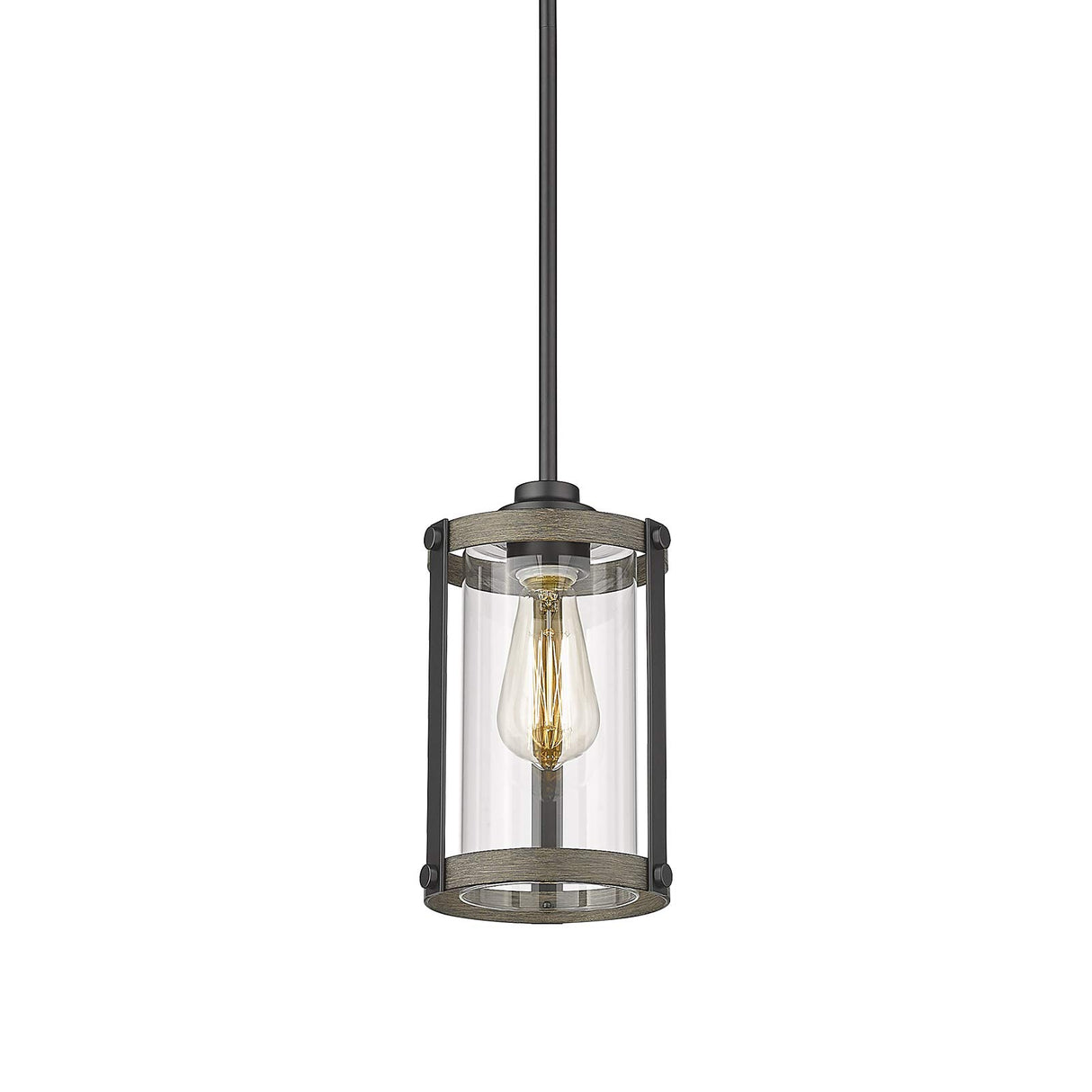 Osimir Farmhouse Pendant Light Fixtures, 1-Light Black Glass Pendant Lights for Kitchen Island, Industrial Rustic Mini Hanging Lighting with Rod, Wood Finish, Adjustable Length, OS-3014 Osimir