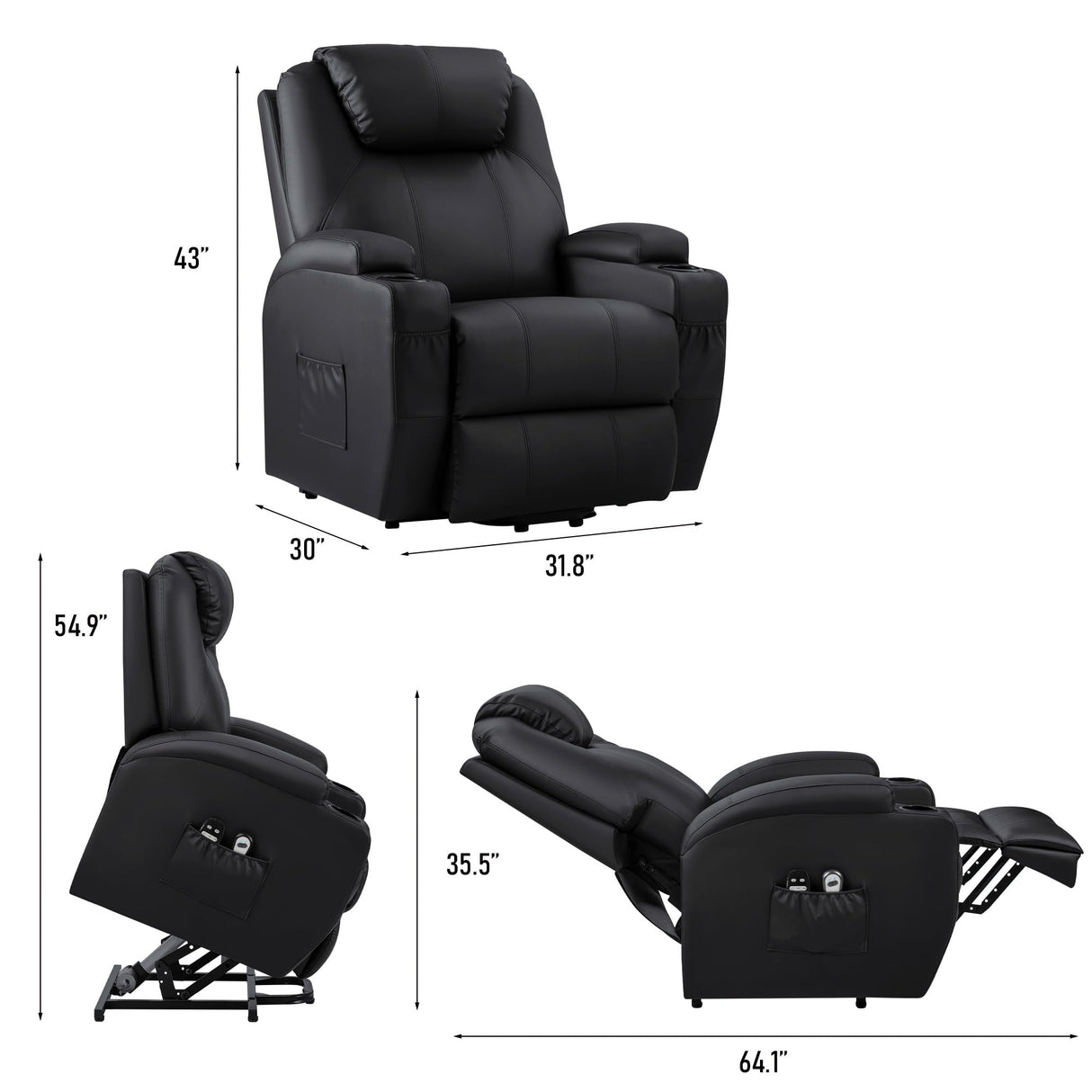 JUMMICO Power Lift Recliner Chair with Massage for Elderly PU Leather Modern Reclining Sofa Chair with Cup Holders, Remote Control, Adjustable Furniture (Black) JUMMICO