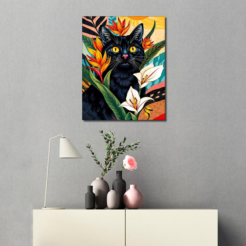 TUMOVO Black Cat Paint by Number Kits for Adults Beginners,Abstract Animal Paint by Numbers Kits,DIY Calla Lily Blossom Plants Paint by Numbers Kits on Canvas for Home Wall Decor 16x20inch Frameless TUMOVO
