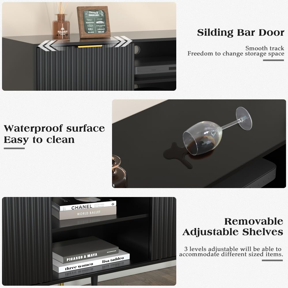 TV Stand for 65 Inch TV, Black TV Stand Entertainment Center with Storage, Fluted Waveform Doors TV Console Table with Sliding Doors & Adjustable Shelves, TV Stand for Living Room Bedroom, Black SYESWAY