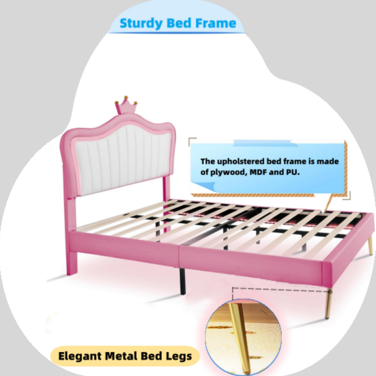 Linique Full Size Upholstered Bed Frame with LED Lights, Modern Upholstered Princess Bed with Crown Headboard, White+Pink Linique