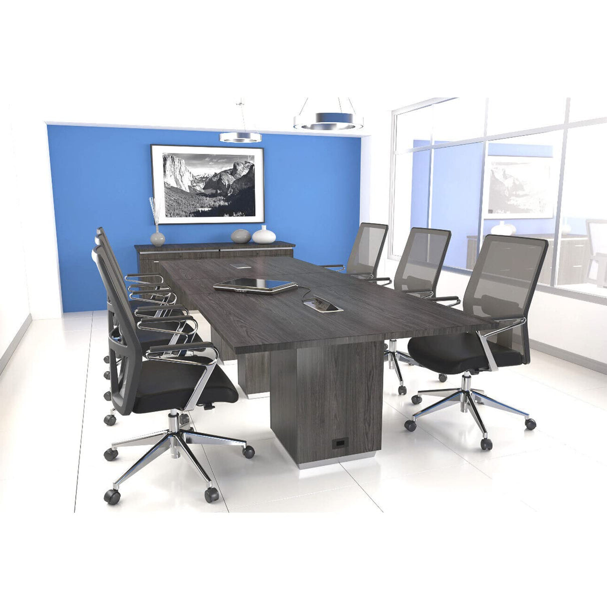 Thaweesuk Shop Gray Finish 12 FT Modern Executive Rectangle Shaped Conference Table Square Legs Grommets Racetrack Meeting Boardroom Room Desk Power High End Office Wood New 144''L x 48''W x 30''H WoodArtSupply