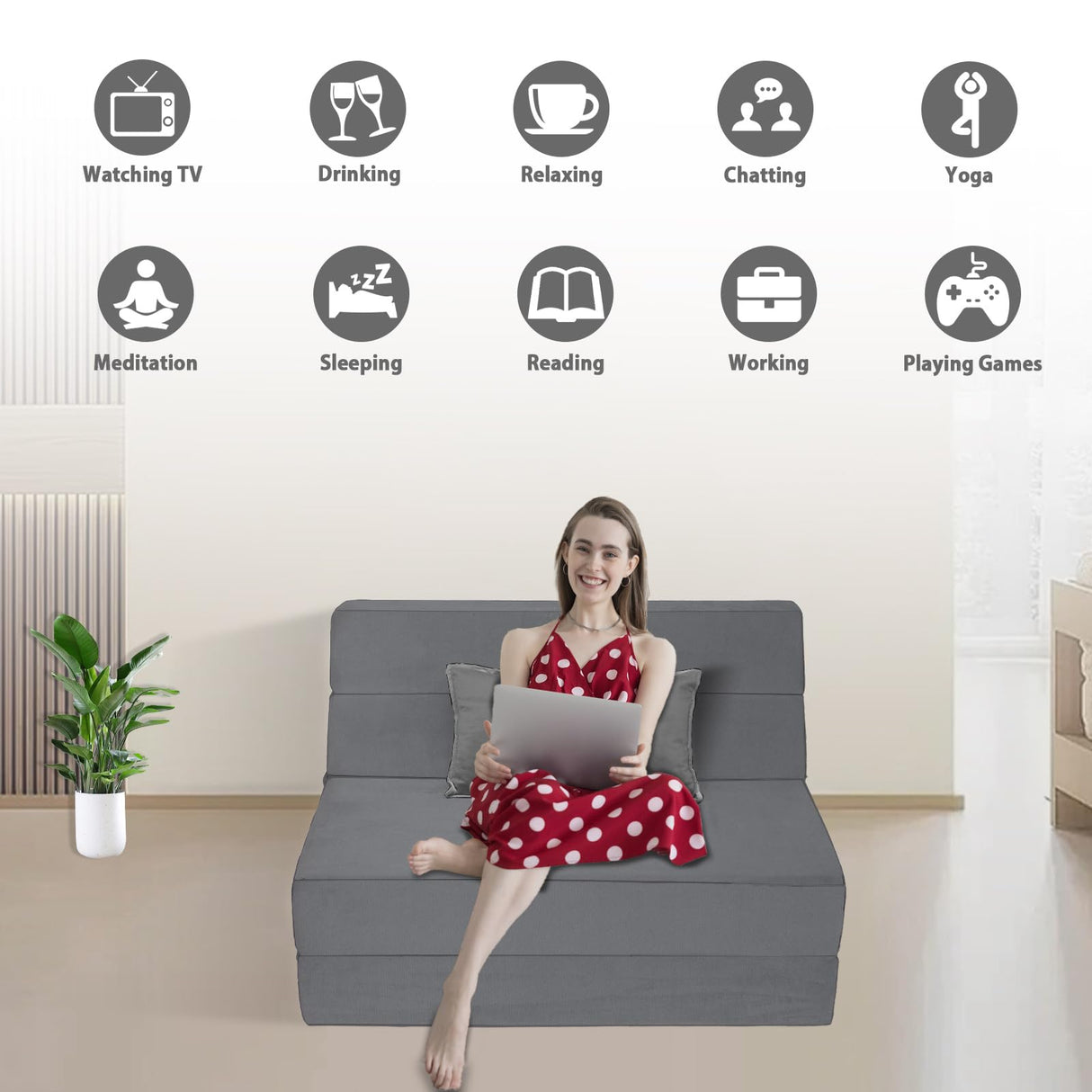 Youtanic 5 in 1 Folding Sofa Bed, Twin Size Convertible Sleeper Chair with Pillow, Memory Foam Futon Couch, Velvet Fabric Washable Mattress for Living Room, Dorm, Guest, Office, Apartment, Dark Gray Youtanic