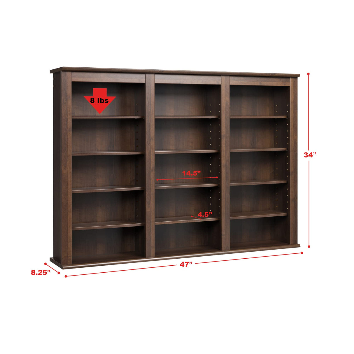 Prepac 3 Column Display Cabinet, Espresso Storage Cabinet, Wall Cabinet, DVD Storage Cabinet with 12 Adjustable Shelves 8.25" D x 47" W x 34" H Prepac