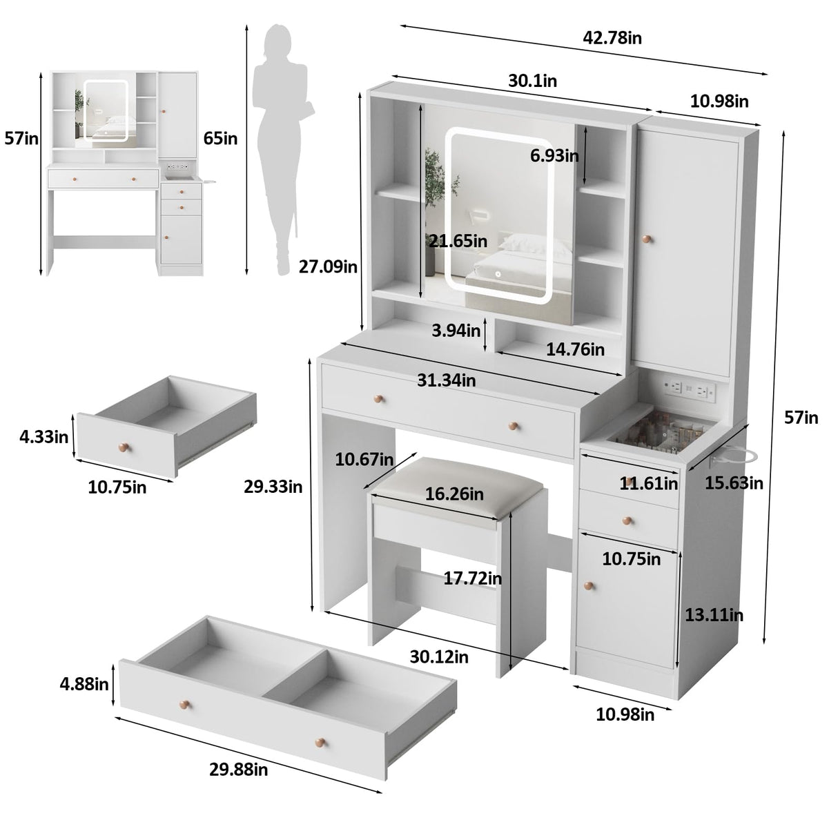 Vanity Desk with Mirror, Lights and Charging Station, 3-Drawer Glass Top Vanity Table with Jewelry Cabinet, 42.8 inch Halitaa