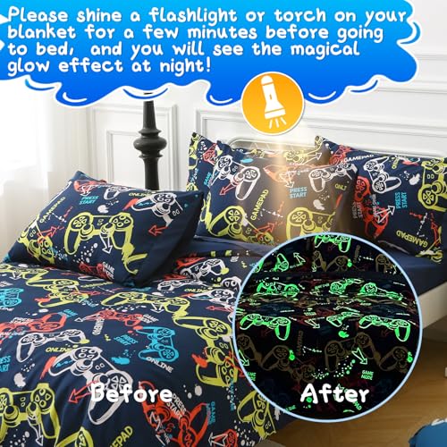 Aqzuxira Glow in The Dark Kids Comforter Set, 3 Pieces Gamepad Pattern Bedding Set Twin Size for Boys Girls Teen, 1 Comforter, 1 Pillowcase, 2 Pillow Shams Aqzuxira
