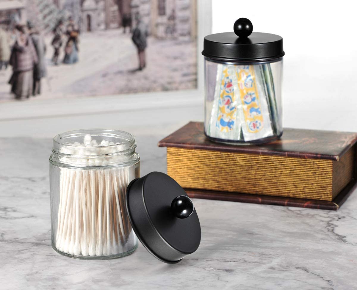 Amolliar 4 Pack Apothecary Jars Bathroom Vanity Storage Organizer Set -Countertop Canister with Stainless Steel Lids &Cute Stickers - Qtip Dispenser Holder for Qtips,Cotton Swabs,Makeup Sponges(Black) Amolliar