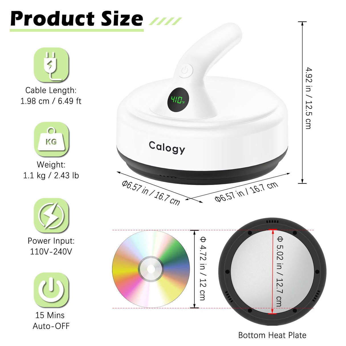 Calogy Mini Heat Press, 5" Diameter Round Heat Press Machine for T-Shirt Portable, 4 Levels Temp Max 410℉, Small Iron for Crafts, Coaster, Bag, Pillow, Ceramic, Sublimation Ink Vinyl Transfer (White) Calogy