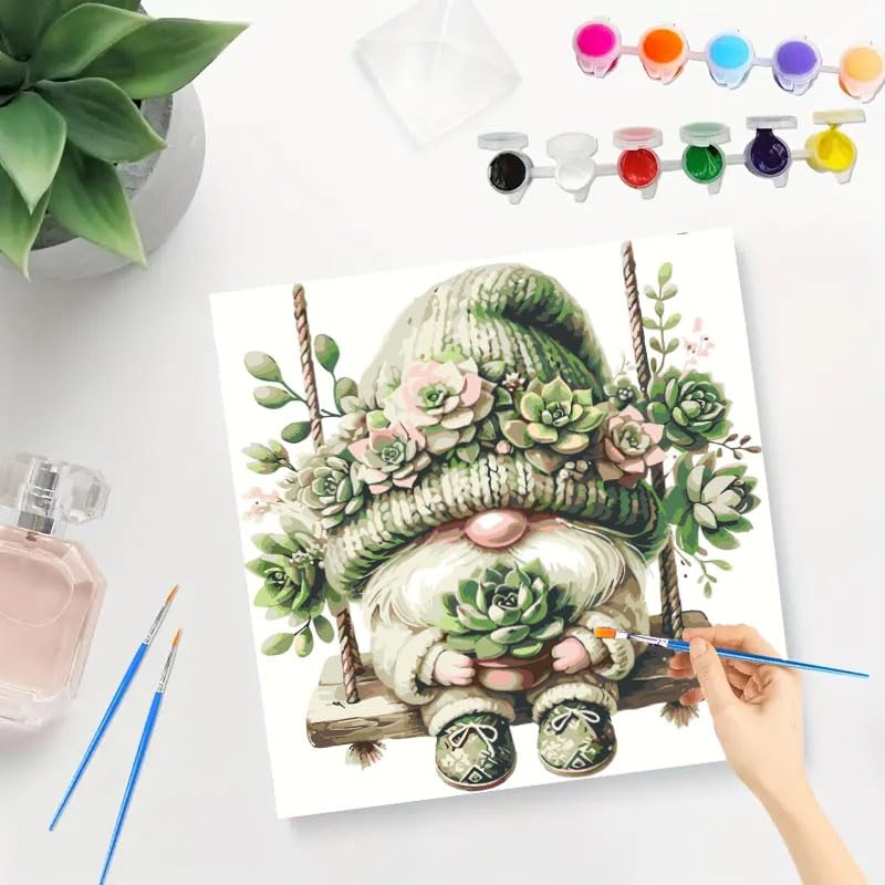 SHICERNHJ Gnome Paint by Numbers Kit for Adults,Succulent Plant Adults' Paint-by-Number Kits for Beginner,DIY Acrylic Paint by Number On Canvas for Home Wall Decor 16X16 Inch SHICERNHJ