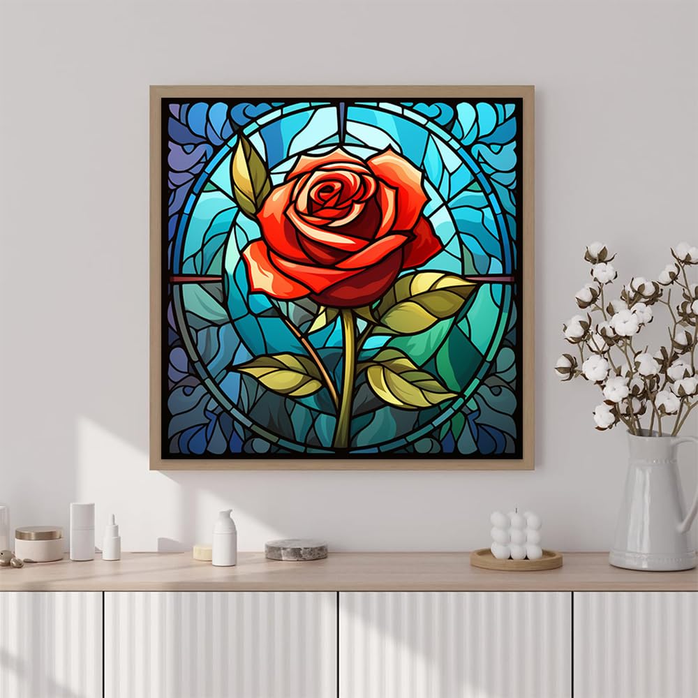 Artunion Framed Paint by Numbers Kit for Adults Beginners & Kids Ages 8-12,Red Rose Flower Paint by Number with Frame, Stained Glass Paint by Numbers Kit on Canvas 10 * 10 Inch Without Easel Artunion