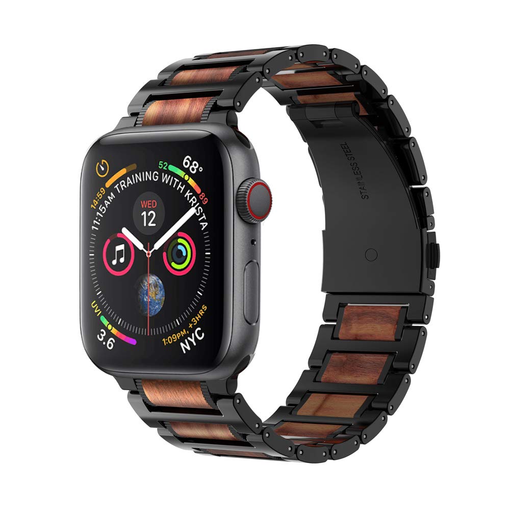 iiteeology Compatible with Apple Watch Band, Natural Wooden Steel Link Bracelet for iWatch Ultra 2/ Ultra/Series 1-10 49mm 46mm 45mm 44mm 42mm - Black iiteeology