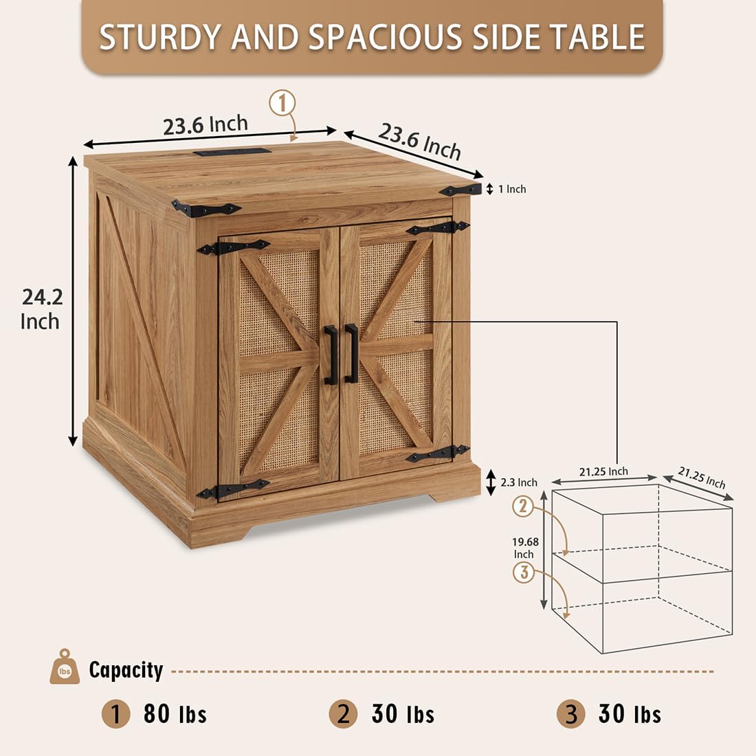 Barnyatoh Farmhouse Boho End Table with Charging Station, 24" Large Side Table with Rattan Barn Door, Rustic Wood Square Nightstand Bedside Table with Storage for Living Room, Bedroom, Natural Barnyatoh