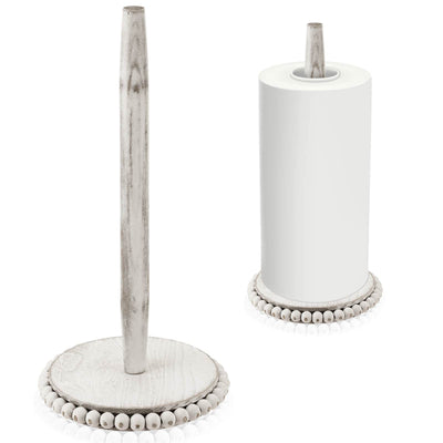 Farmhouse Paper Towel Holder Washed Beaded Paper Towel Stand Wood Paper Hanger Rack Standing Towel Roll Stand Organizer Paper Roll Holder Roll Dispenser for Kitchen Bathroom Countertop Cabinet, White