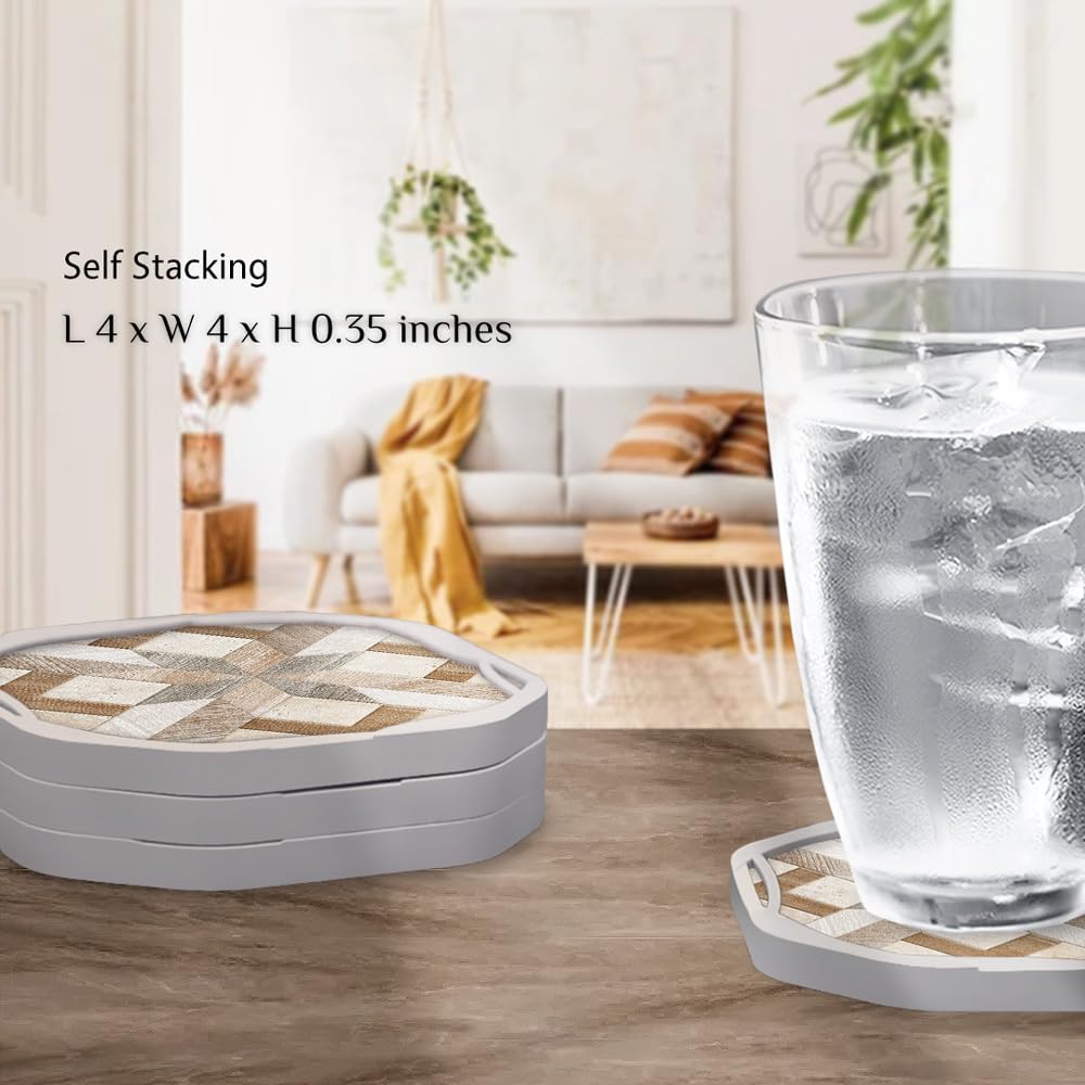 UMIRRO Absorbent Felt Coasters for Drinks with Silicone Case, Rustic Country Farmhouse Cup Coaster Set for Wooden Coffee Table Decor, Boho Tile Design, Brown, 4", 4 Pack Umirro