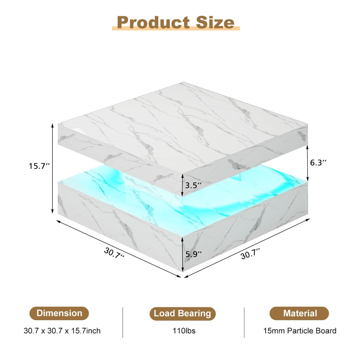 HedoAjim White Marble LED Coffee Table for Living Room, Living Room Table 2-Tier Square Middle Center Table, Modern Coffee Tables with Storage, Contemporary Wood Tea Tables for Dining Reception HedoAjim