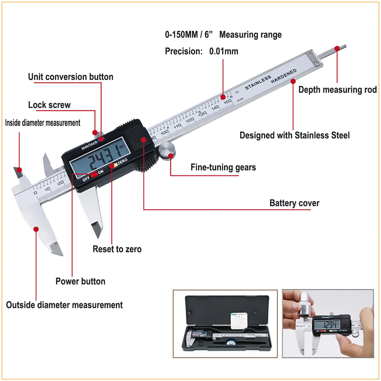 Digital Caliper,Electronic Digital Calipers, YKLSXKC 0-6" Calipers Measuring Tool, Stainless Steel Construction with Large LCD Screen, Auto-Off Feature for 3D Printing,Inch and Millimeter Conversion YKLSXKC