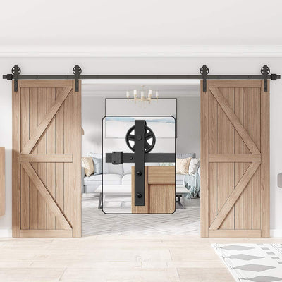 WINSOON 12FT Wood Double Sliding Barn Door Hardware Basic Black Big Spoke Wheel Roller Kit,5-18FT for Choose