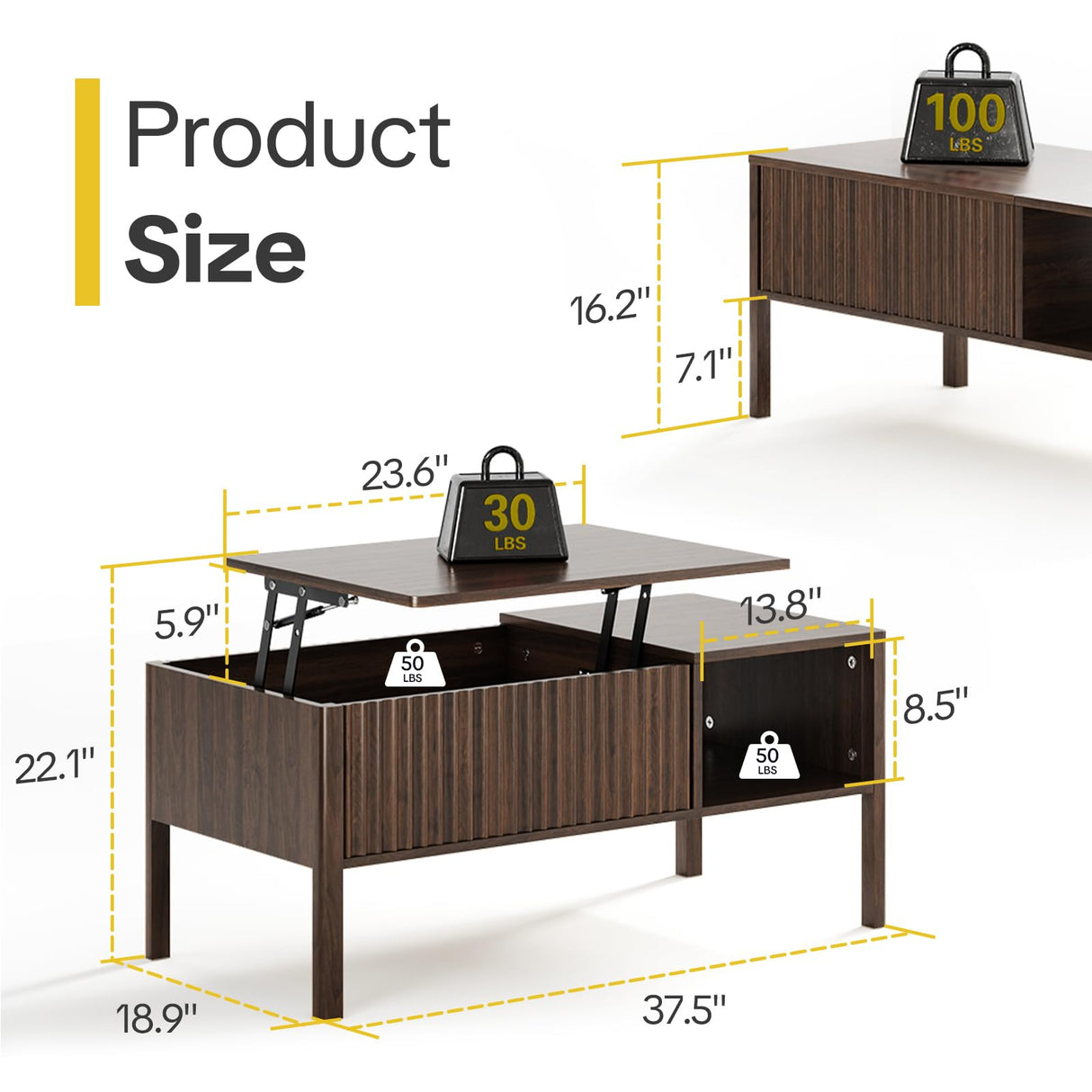 Fluted Lift Top Coffee Table for Living Room, Small Coffee Table with Storage Hydraulic Lift Large Capacity, Sturdy Legs Safe Round Corner, Easy Assembly for Small Spaces, Vertical Grain-Brown RUMBALUXY