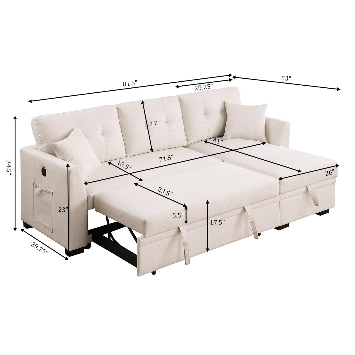 Yafylly L-Shaped Sofa with Storage and Pull-Out Bed, Convertible Futon Chaise Lounge with Ports, Recliner for Living Room, Bedroom, Apartment, Office, Beige Yafylly