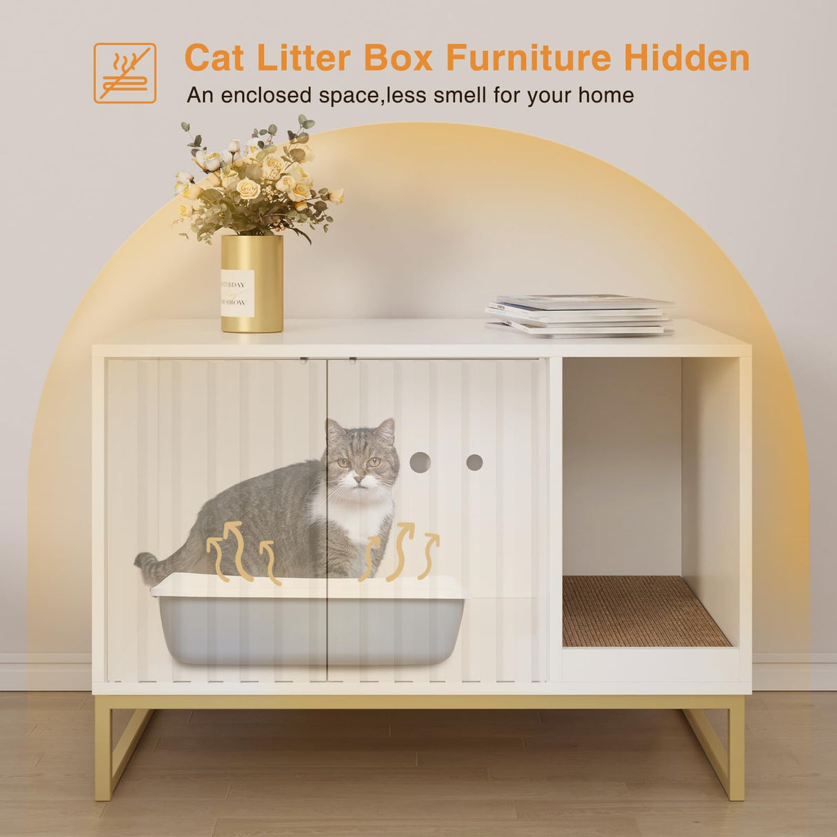 Halitaa Litter Box Enclosure, Modern Cat Litter Box Furniture Hidden Litter Box with Scratch Pad, Cat Washroom House End Table, Entryway Bench for Livingroom (White) Halitaa