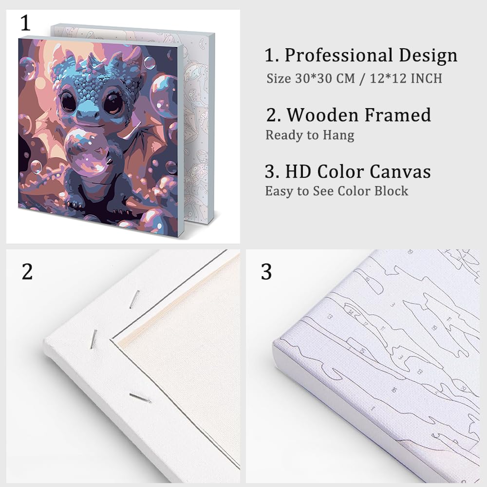 Natuyalo Framed Paint by Numbers Kit for Adults Beginner, Dragon Baby Acrylic Adult Paint by Number Kits on Canvas with Frame, Blow Bubbles Canvas Painting Perfect for Home Decor 12"x12" Natuyalo