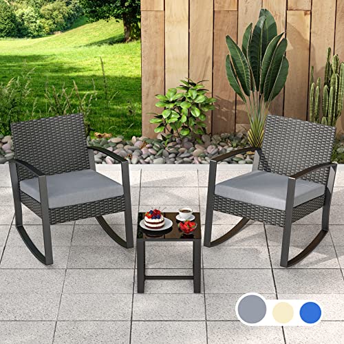 Aiho 3 Pieces Patio Furniture Set, Outdoor Wicker Furniture Set, Modern Rattan Rocking Chair Set with Coffee Table for Yard, Balcony, Poolside, Porch, Grey Aiho