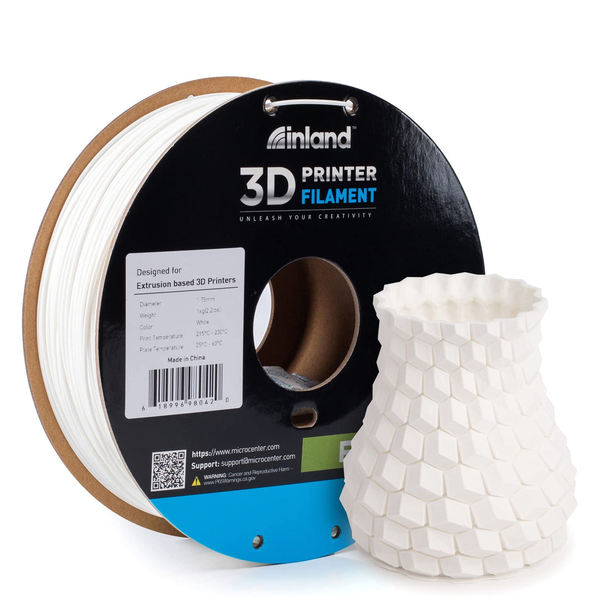 INLAND PLA Filament 1.75mm - White PLA 3D Printer Filament, Dimensional Accuracy +/- 0.03mm - 1kg Cardboard Spool (2.2 lbs) – FDM 3D Printing INLAND