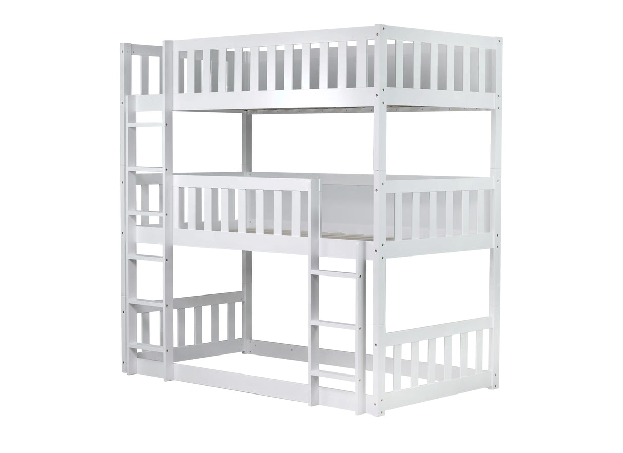 VilroCaz Modern Twin Over Twin Over Twin Triple Bunk Bed, Rubber Wood Detachable Triple Twin Bunk Bed Frame, 3-in-1 Bunk Beds with Ladder and Guardrails for Kids Teens, Maximize Space (White-ON) VilroCaz