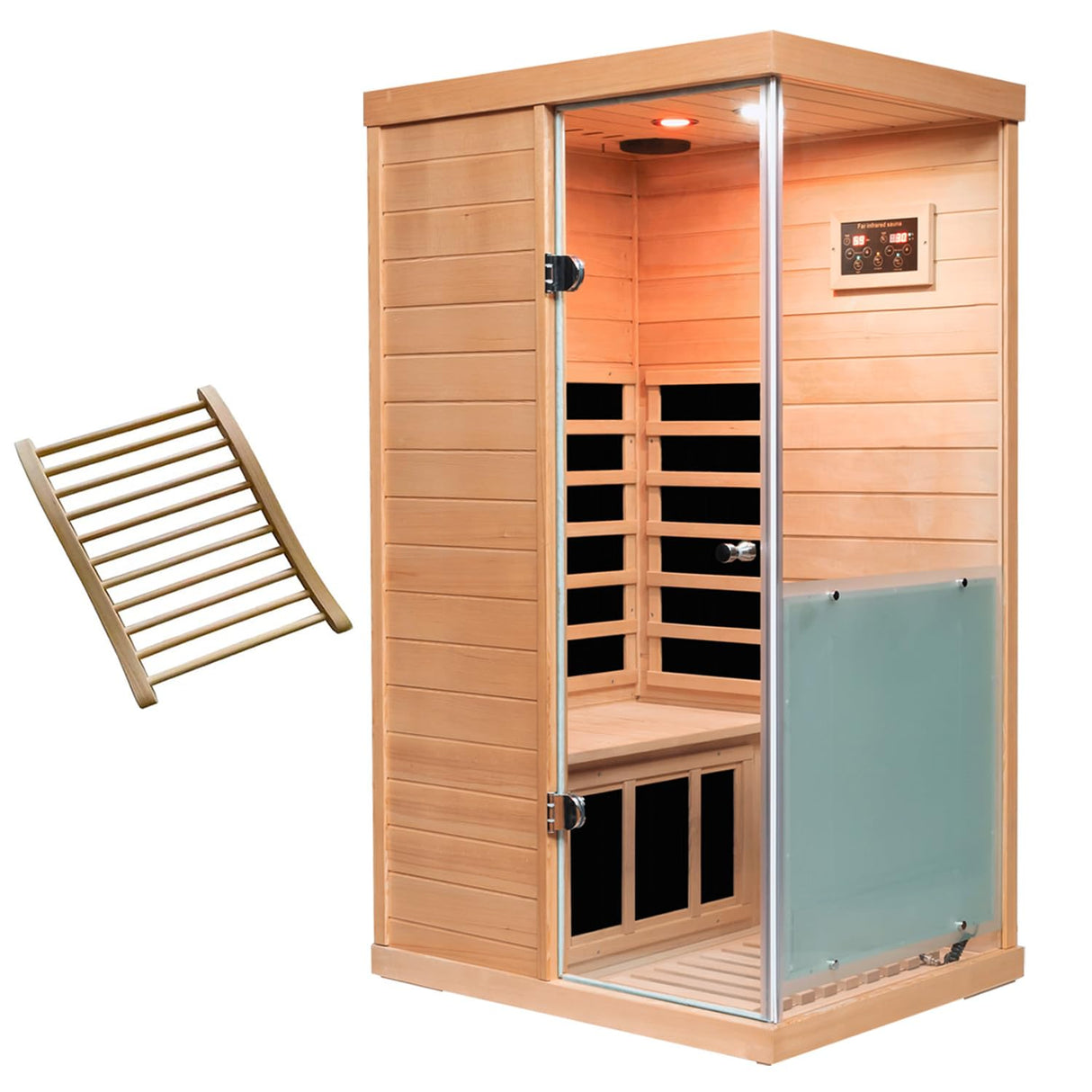 1 Person Infrared Sauna | Far Infrared Home Sauna | 1,060 watt | 6 Low EMF Heaters | Canadian Hemlock | Tempered Glass Door | Indoor Saunas with Red Lamp, Bluetooth, LCD, LED (Random Left/Right) Wizzisauna