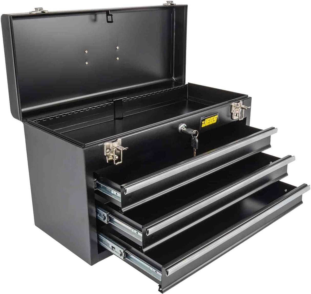 JEGS 3-Drawer Toolbox - Metal Toolbox with Ball-Bearing Drawer Slides - Rust-Resistant Latches - Black Powder Coat Finish - Includes Lock and Keys JEGS