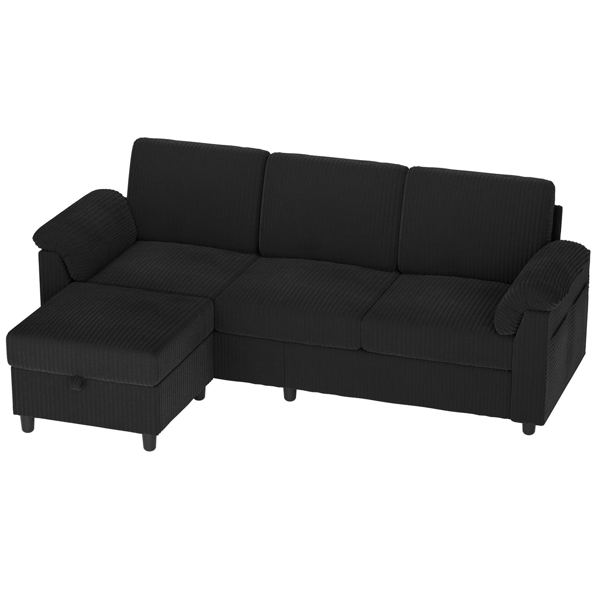 Vongrasig 79" Convertible Sectional Couch Sofa with Storage Ottoman, 3 Seat L Shaped Couch with Side Storage Pockage, Linen Fabric Small Couches for Living Room, Apartment and Small Space, Black Vongrasig