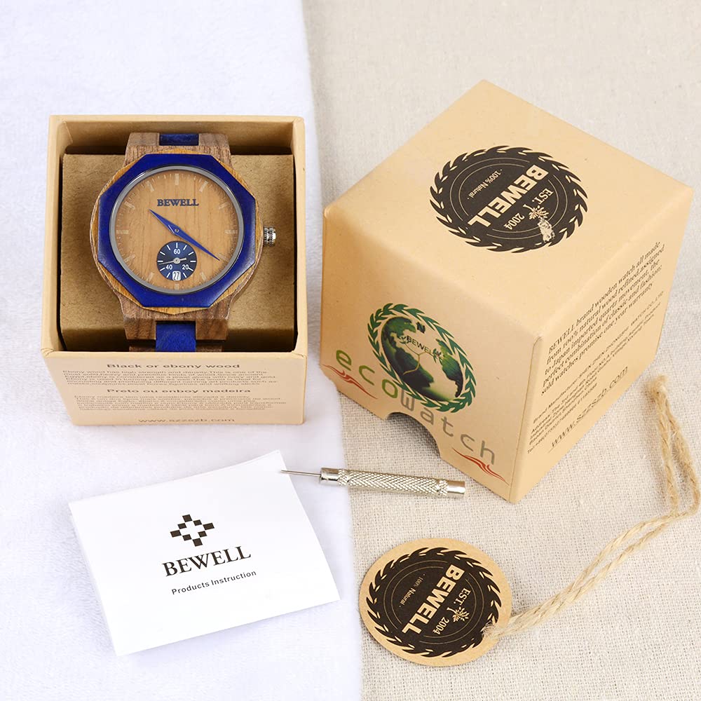 BEWELL Wood Watch,Analog Quartz Polygon Wooden Watches for Men Unique Gift BEWELL
