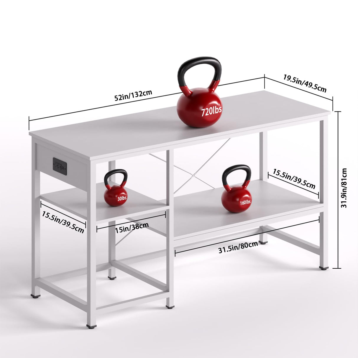 BEURUKU 55-75 Gallon Fish Tank Stand with Power Outlet & LED Light, Metal Aquarium Stand with 3 Tier Adjustable Storage Shelves, Tank Stand for Reptile Tank, Turtle Tank, 52" L*19.5" W, White BEURUKU