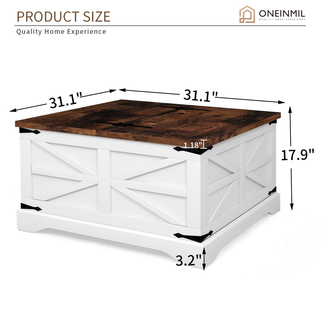 oneinmil Modern Farmhouse Coffee Table, Square Wood Center Table with Large Storage Space, Metal Corners, Z Shape, White oneinmil