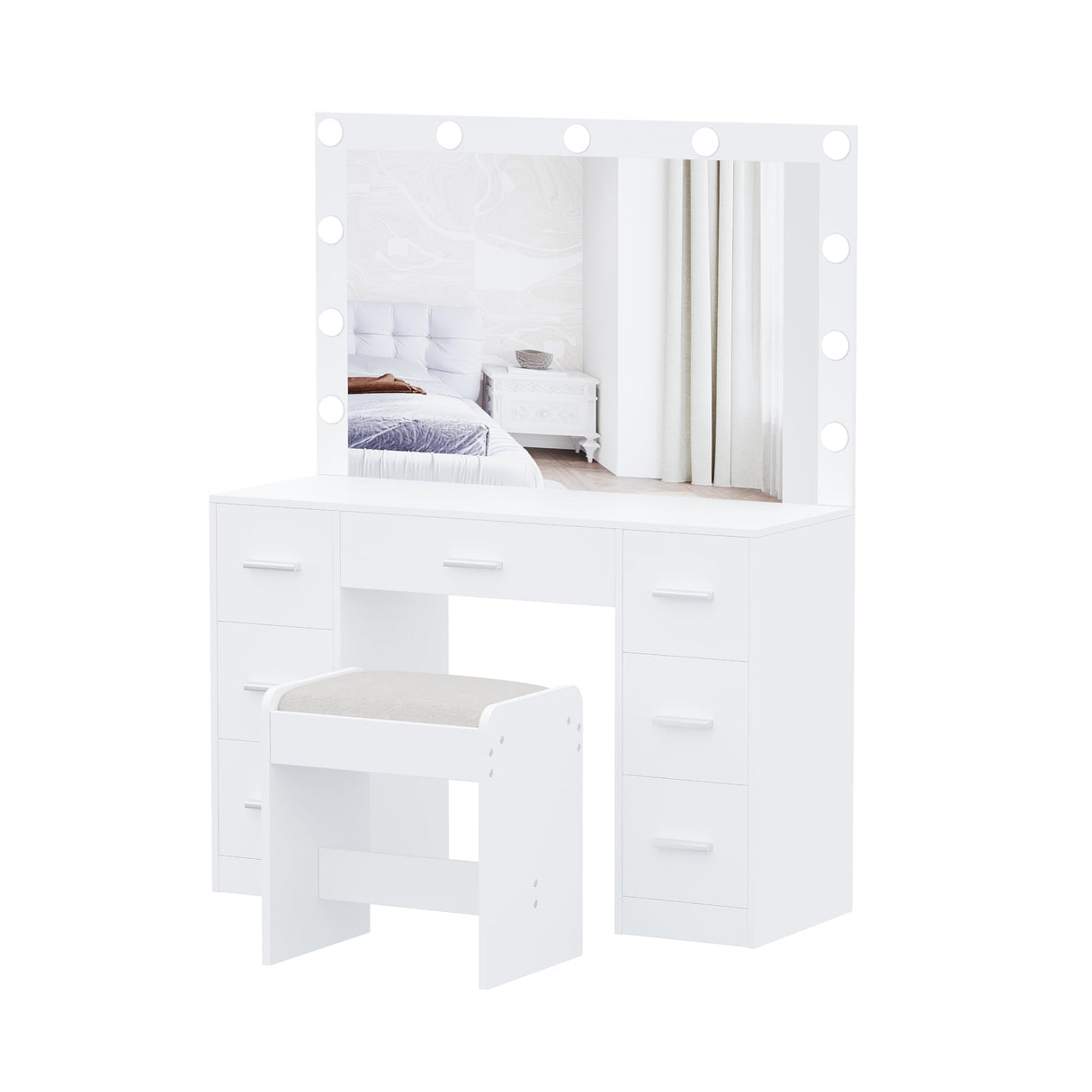 Irontar Vanity Desk with Stool, Makeup Table with Lighted Mirror, 3 Color Lighting Modes, Brightness Adjustable, Dressing Table with Drawers, Vanity Table Set for Women, White WDT004WD Irontar