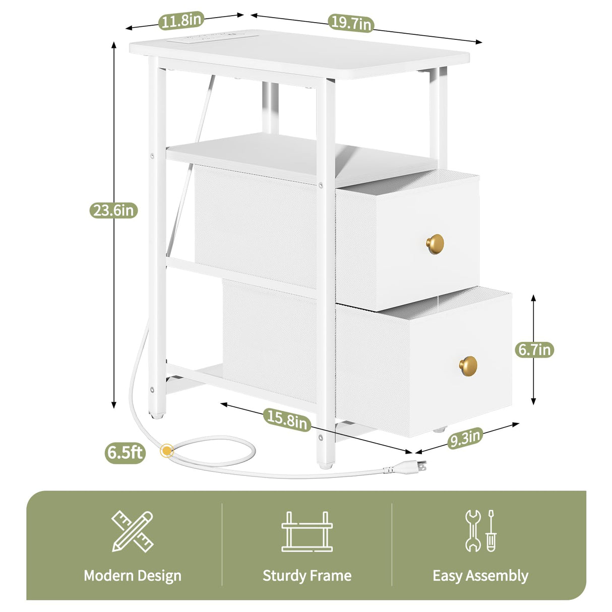 Yoobure End Table with Charging Station, Narrow Side Table LED Small Night Stand, Skinny Nightstand with Fabric Drawers, Bedside Table End Tables Living Room, Side Tables Bedroom for Small Spaces Yoobure