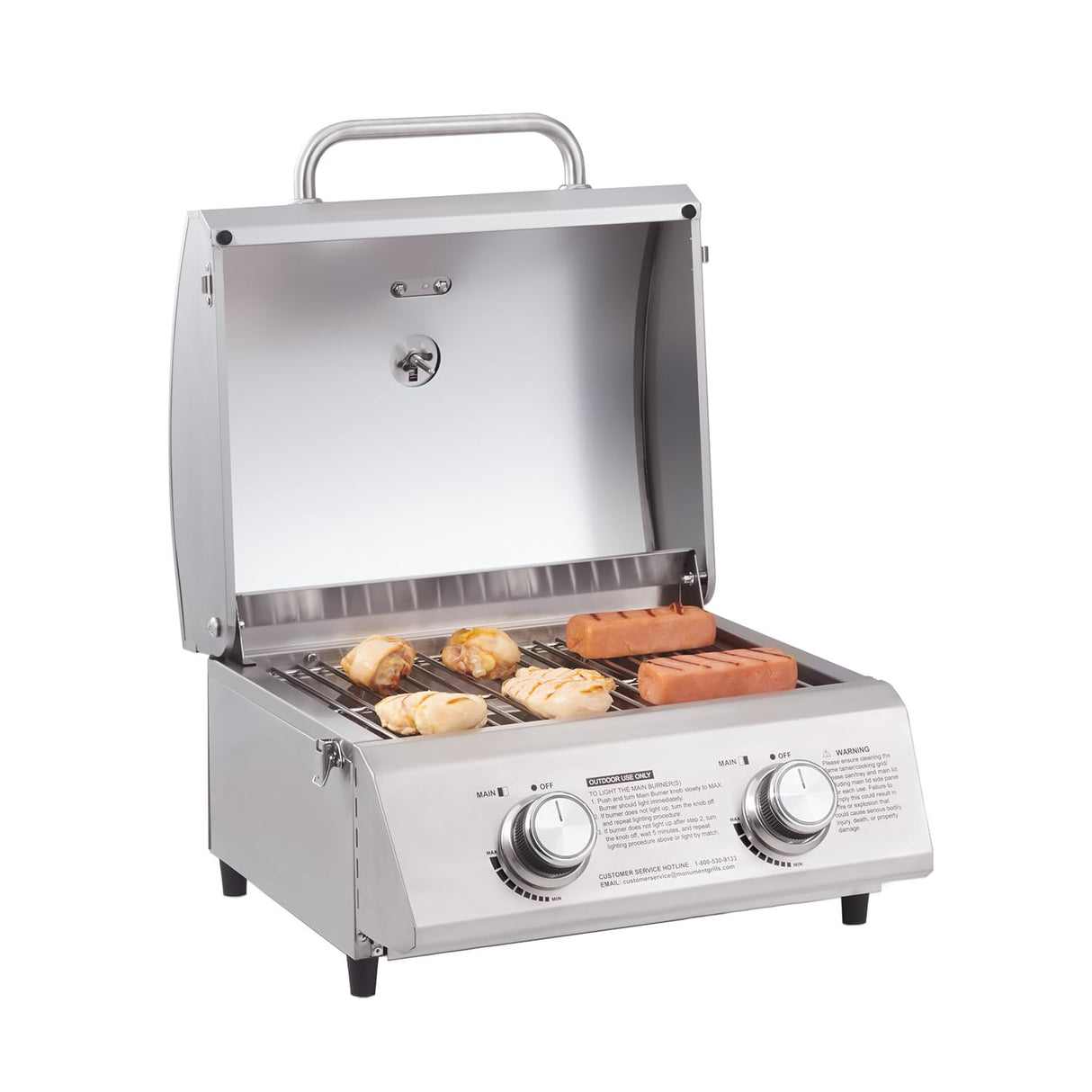 Monument Grills Tabletop Propane Gas Grill for Outdoor Portable Camping Cooking with Travel Locks, Stainless Steel High Lid, and Built in Thermometer Monument Grills