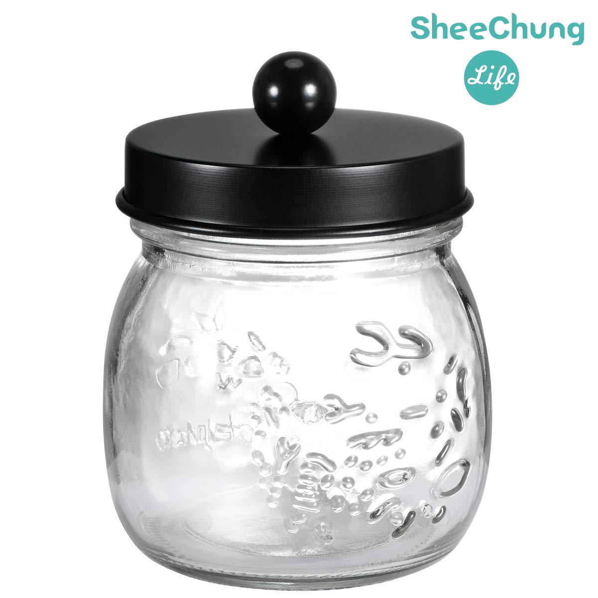 SheeChung Small Mason Jar, Glass Qtip Holder, Apothecary Jars with Lids, Bathroom Organizers and Storage, Bathroom Canister for Q-tips, Cottons, Floss, Balls, Cotton Swabs, Farmhouse Decor-Black SheeChung