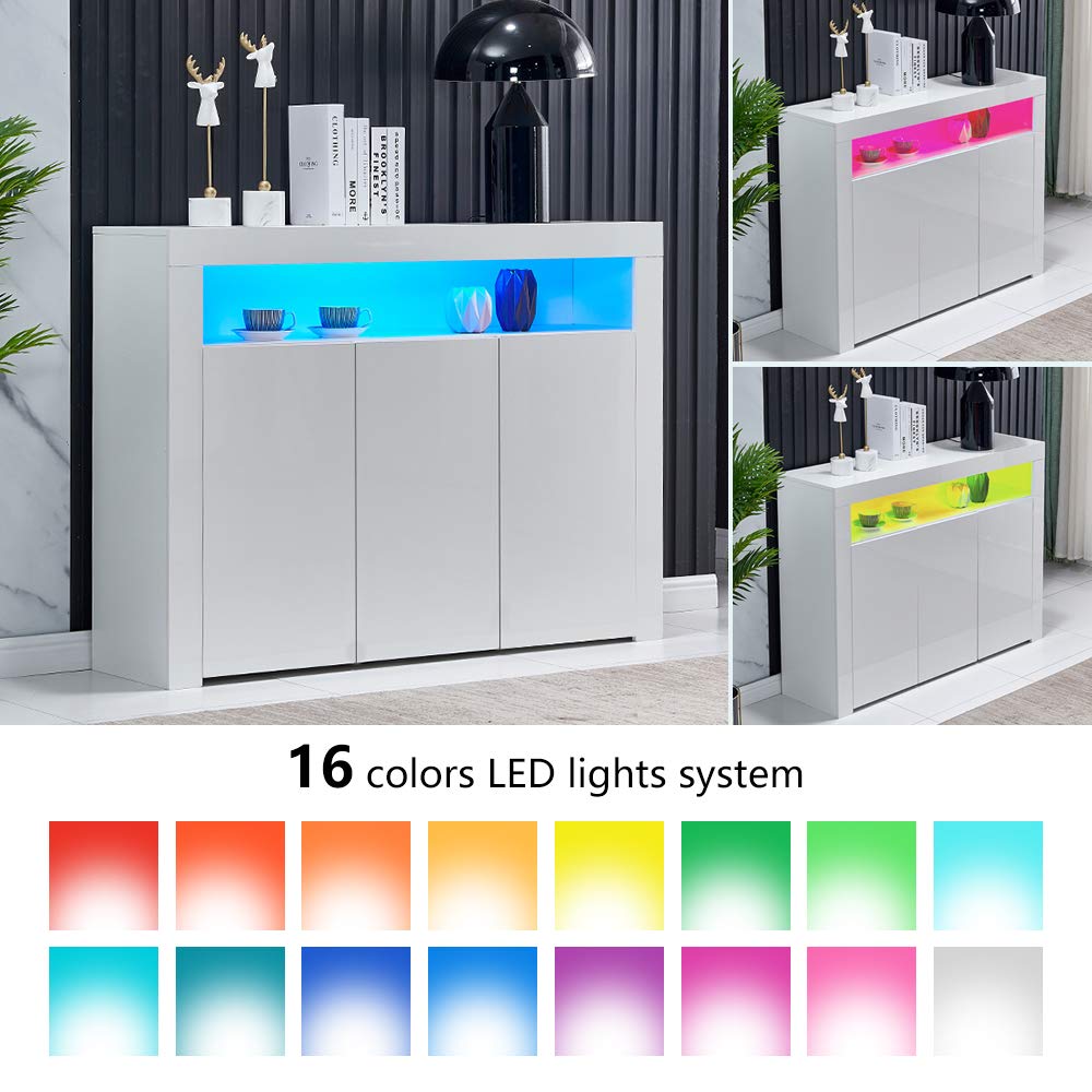 HomeSailing LED Kitchen Sideboard Storage Buffet Cabinet White High Gloss for Living Room, Modern Wooden Unit Cupboard TV Stand with 3 Doors for Hallway Dining Room HomeSailing