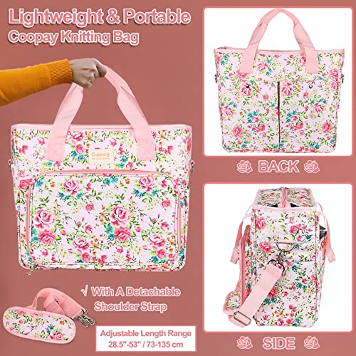 Coopay Large Crochet Bag Knitting Bags and Totes Organizer, Traveling Crochet Bags Yarn Bag for Carrying Crochet Hooks, Knitting Kit, Skein Yarn Wool, Project, Knitting & Crochet Supplies, Pink Flower Coopay