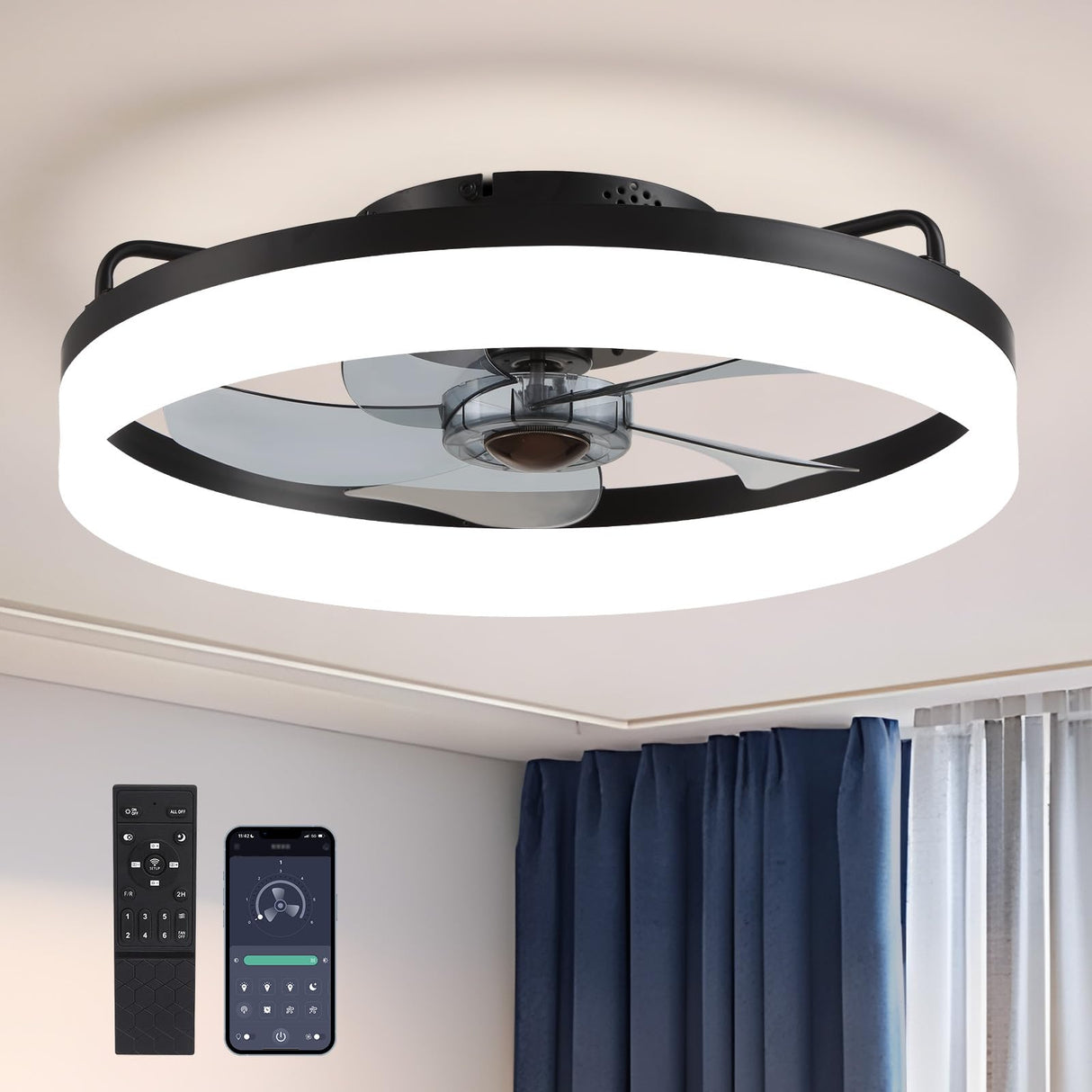 LUDOMIDE Ceiling Fans with Lights, Flush Mount Ceiling Fan with Lights and Remote, 6 Wind Speeds Low Profile Ceiling Fan for Bedroom, Kids Room and Living Room 20" (Black) LUDOMIDE