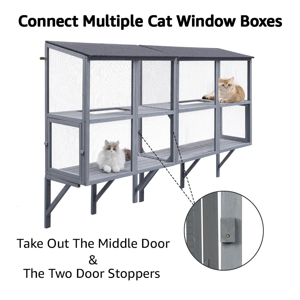 beeNbkks Cat Catio, 2 Tiers Window Box Enclosure for Multiple Indoor Cats, Expandable Wooden Cat Window Perch House, Secure Comfortable Outdoor Haven for Cats, All Weather Use, Nature Friendly Design beeNbkks