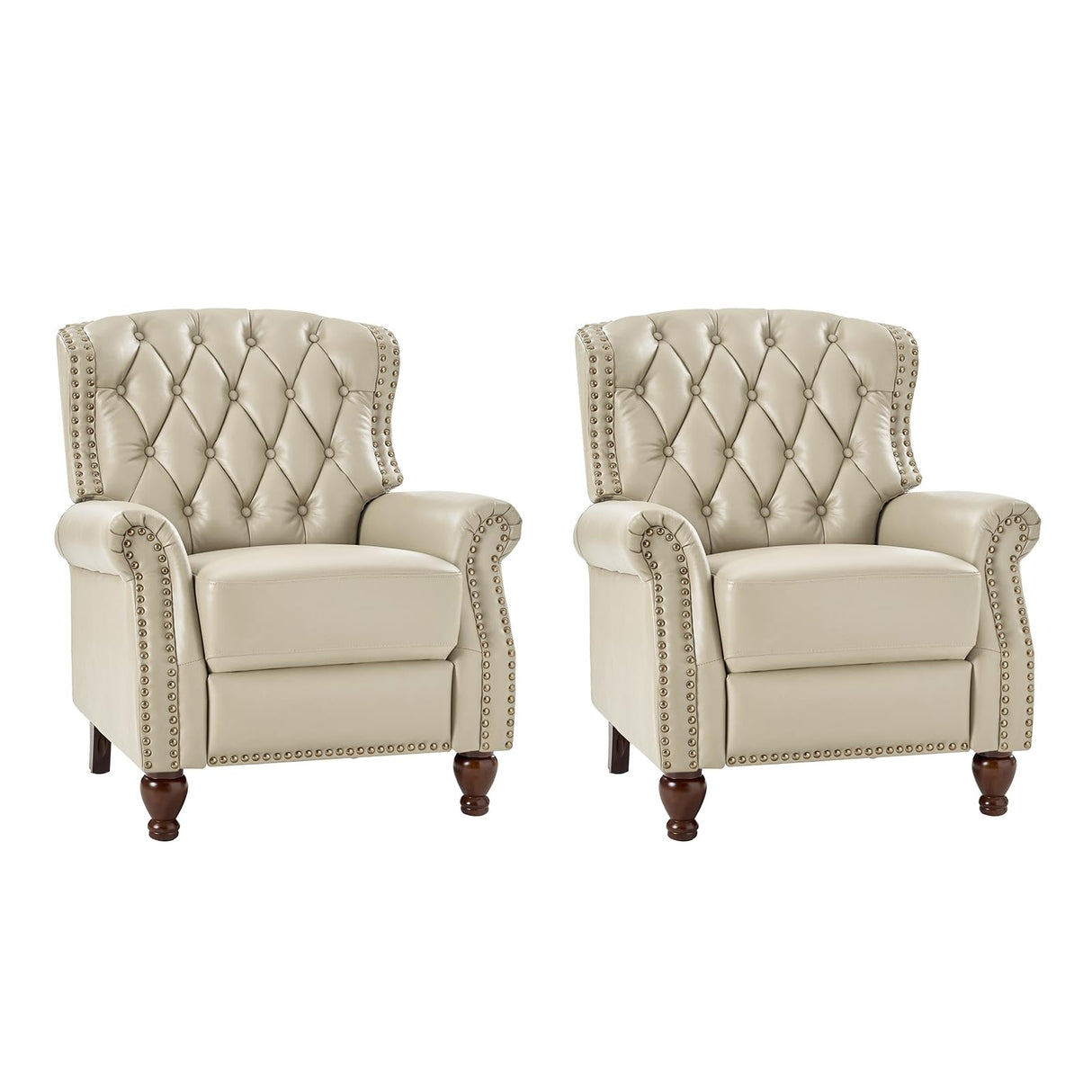 HULALA HOME Genuine Leather Recliner Chair Set of 2 w/Solid Wood Feet, Modern Adjustable Tufted Push Back Arm Chair w/Rivet Decoration, Home Theater Seating Reclining Sofa for Living Room, Beige HULALA HOME