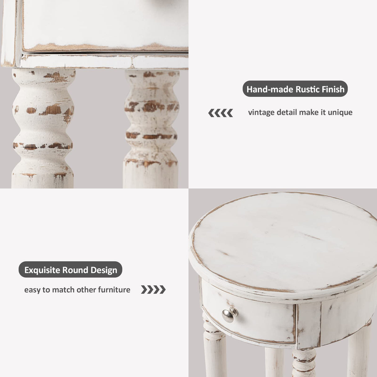 HOMPUS End Table with 1 Drawer, Rustic Round Side Table with 4 Wood Leg, 2-Tier Nightstand with Hand-Painted Finish, Small Accent Table for Living Room, Bedroom HOMPUS
