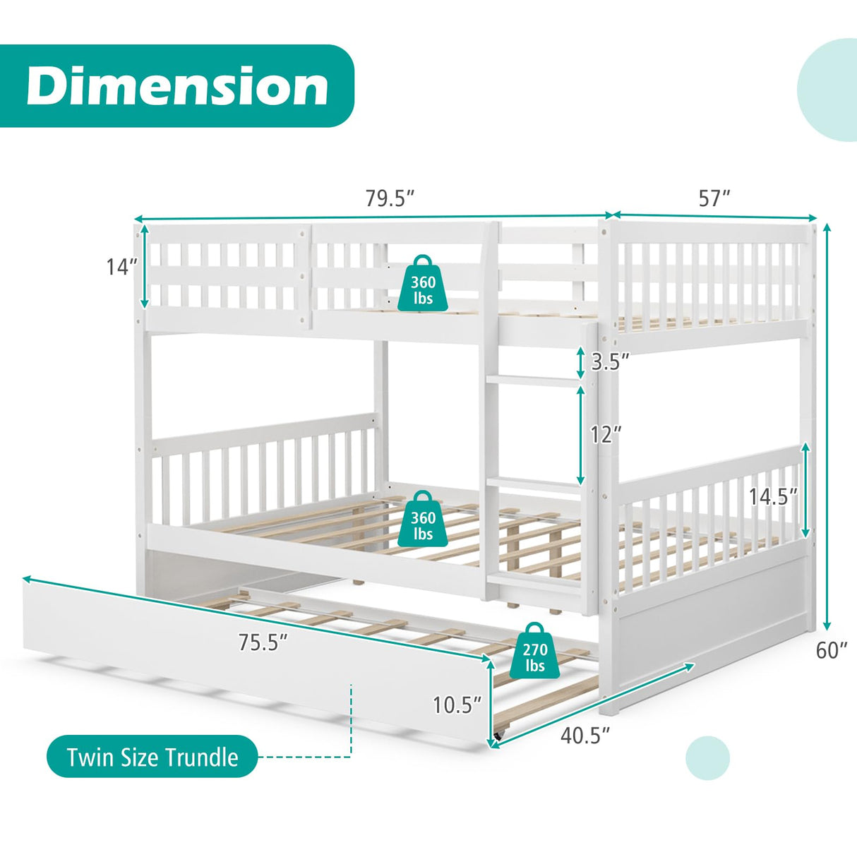 Giantex Full Over Full Bunk Bed with Trundle, Solid Wood Trundle Bed Frame w/Guardrails and Ladder, Convertible to 2 Beds, Full Size Bunk Beds for Adults Kids Teens, No Box Spring Needed, White Giantex